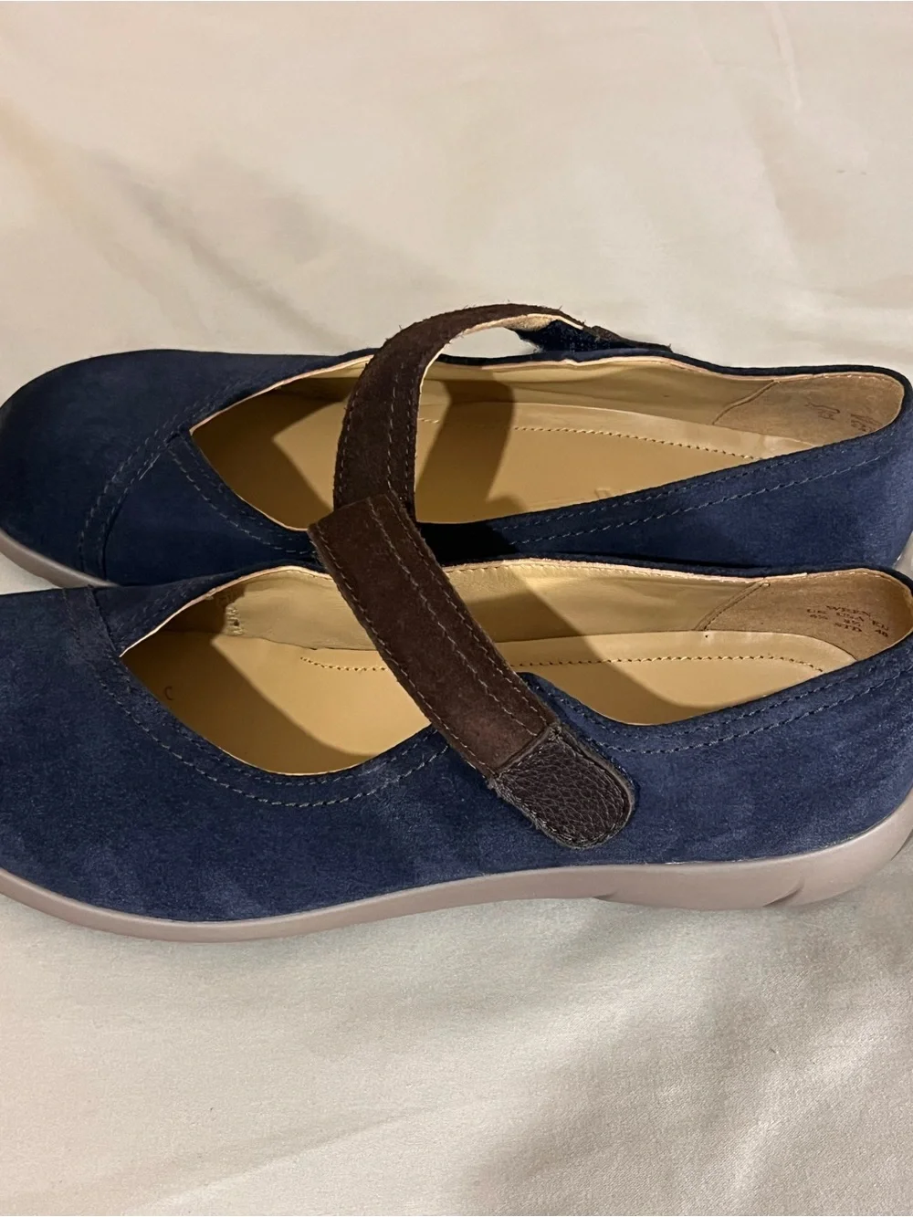 Hotter Women's Navy Suede Mary Jane Flats with Brown Strap